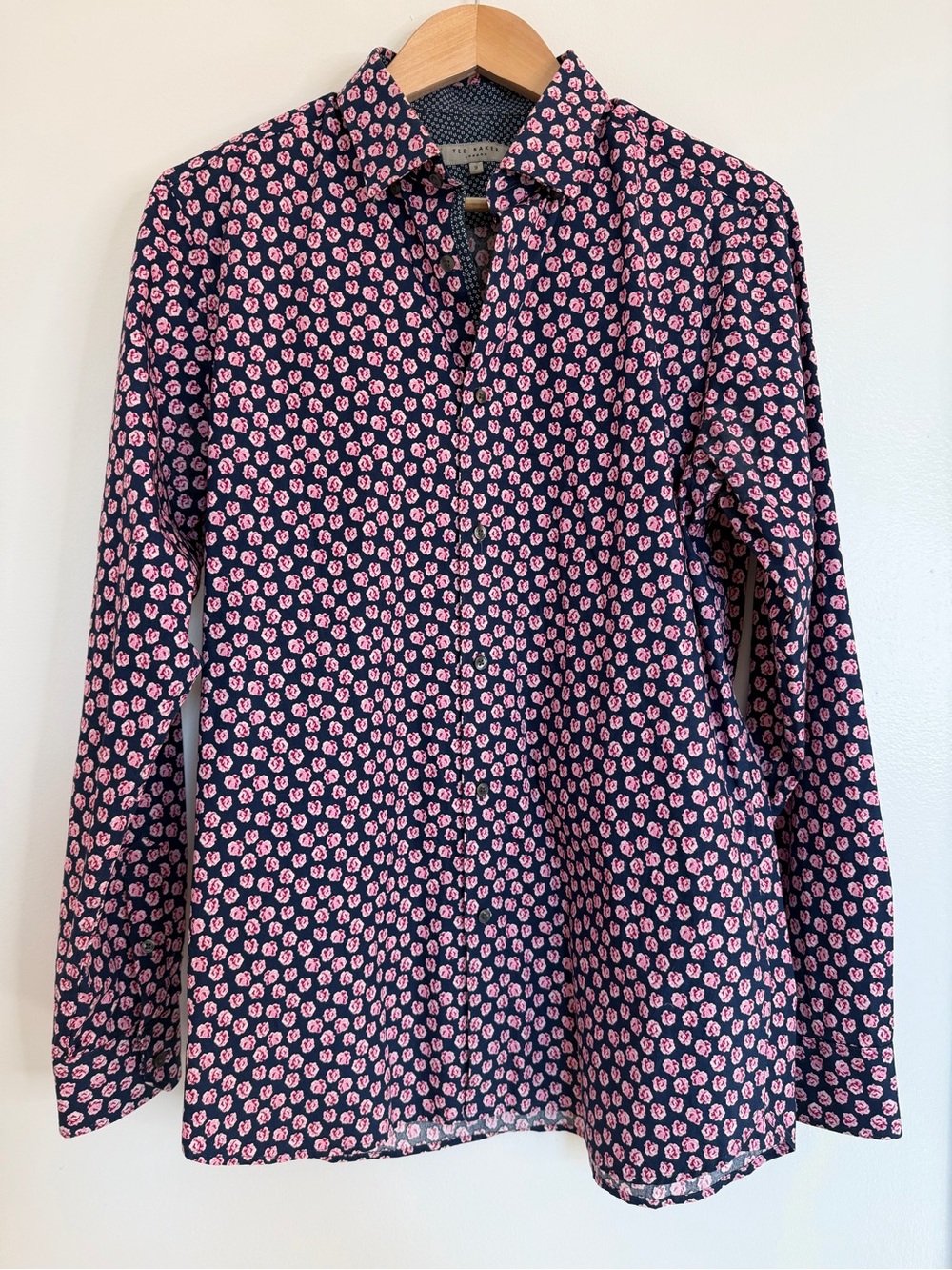 Ted Baker London Mens Sz 3 Floral 100% Cotton Button Down Shirt Blue Roses Pink